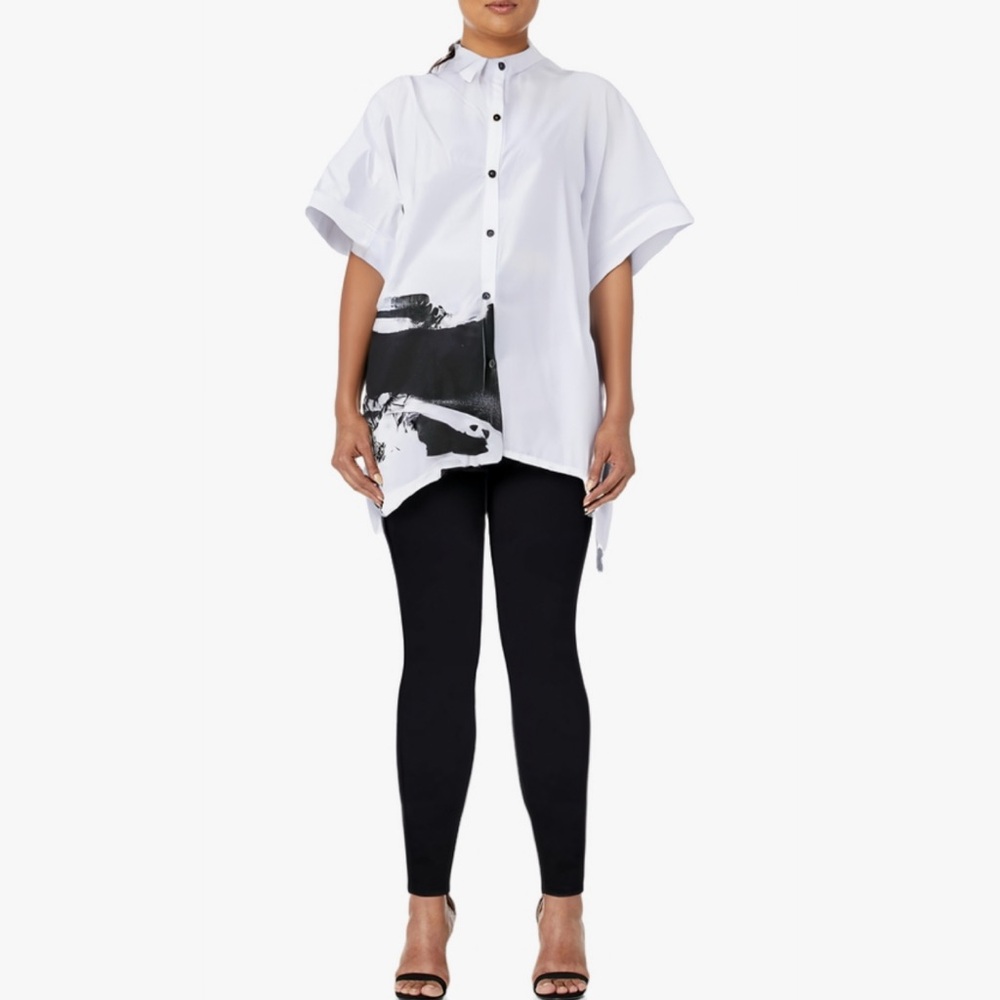 ELLAZHU Oversized Abstract Button Down Batwing Shirt Black White O/S